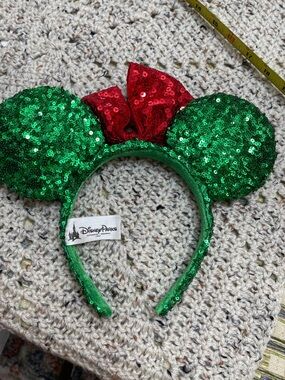 Disney Green Sequin Minnie Ears Headband with Red Bow